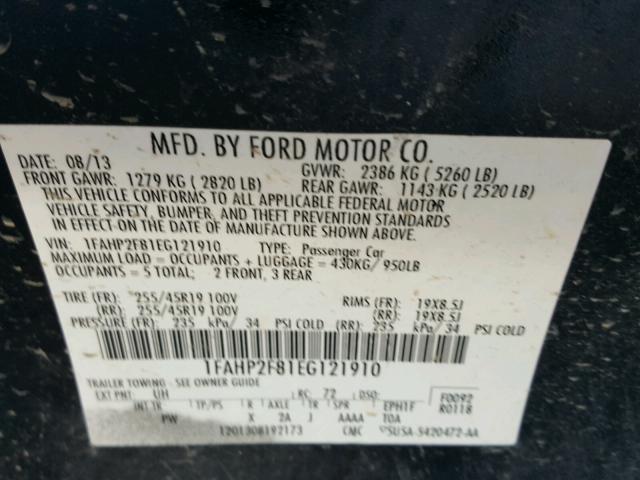 1FAHP2F81EG121910 - 2014 FORD TAURUS LIM BLACK photo 10