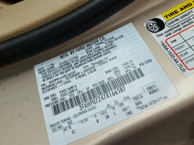 3FAHP07Z47R166587 - 2007 FORD FUSION SE GOLD photo 10