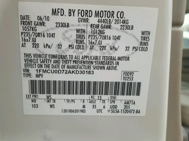 1FMCU0D72AKD30183 - 2010 FORD ESCAPE XLT WHITE photo 10