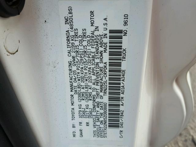 5TETX22N85Z080880 - 2005 TOYOTA TACOMA ACC WHITE photo 10