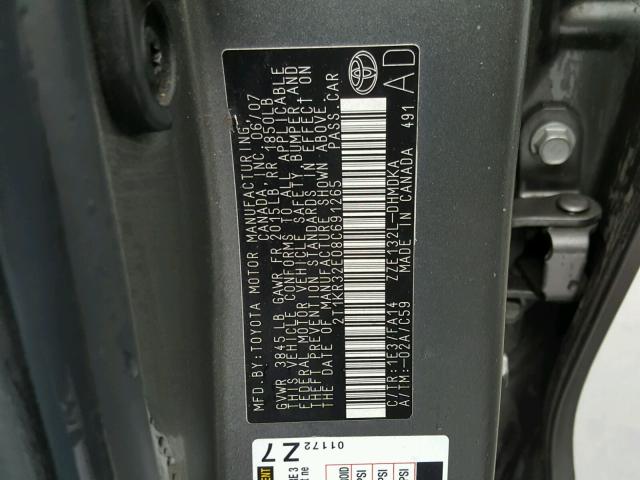 2T1KR32E08C691265 - 2008 TOYOTA COROLLA MA GRAY photo 10