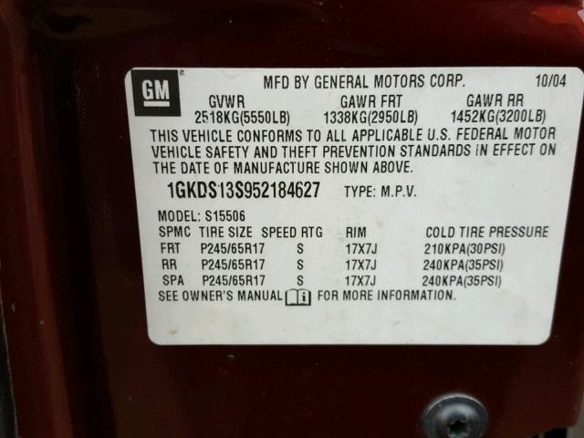 1GKDS13S952184627 - 2005 GMC ENVOY BURGUNDY photo 10