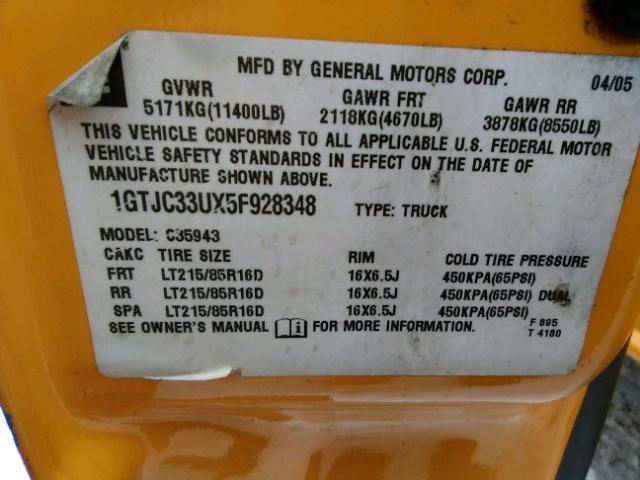 1GTJC33UX5F928348 - 2005 GMC NEW SIERRA YELLOW photo 10