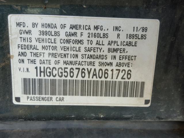 1HGCG5676YA061726 - 2000 HONDA ACCORD SE GREEN photo 10