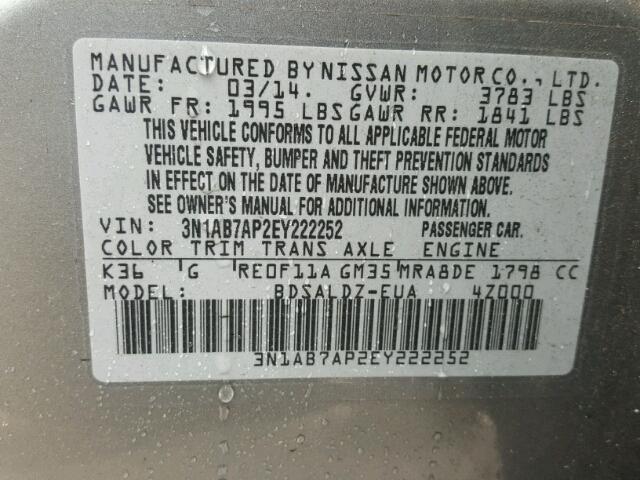 3N1AB7AP2EY222252 - 2014 NISSAN SENTRA S GRAY photo 10