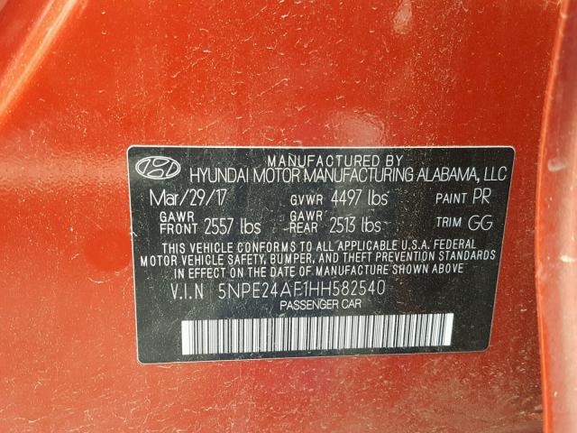 5NPE24AF1HH582540 - 2017 HYUNDAI SONATA SE RED photo 10