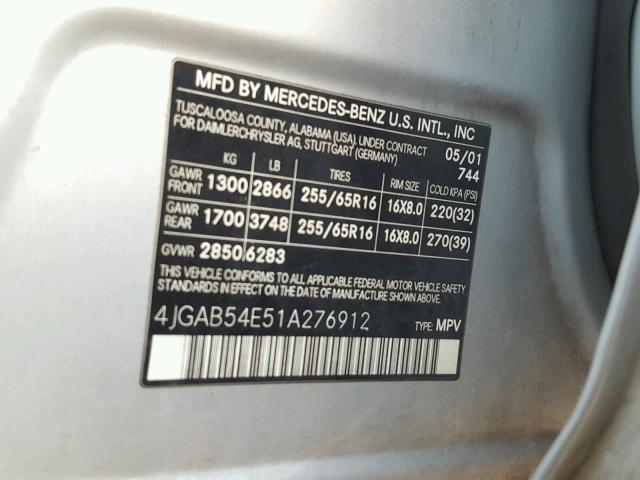 4JGAB54E51A276912 - 2001 MERCEDES-BENZ ML 320 SILVER photo 10