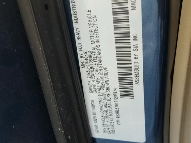 4S3BL616177208170 - 2007 SUBARU LEGACY 2.5 BLUE photo 10