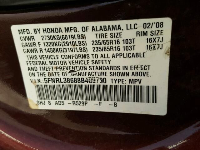 5FNRL38688B409790 - 2008 HONDA ODYSSEY EX MAROON photo 10