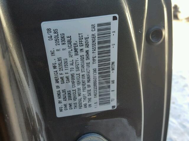 1HGCS22888A011390 - 2008 HONDA ACCORD EXL CHARCOAL photo 10