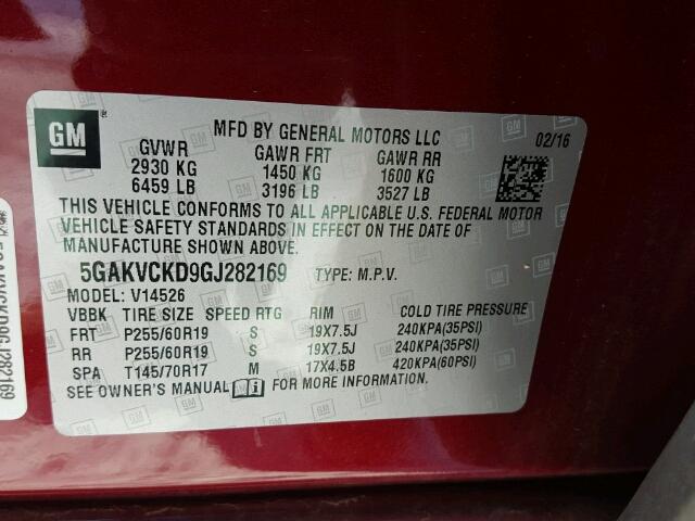 5GAKVCKD9GJ282169 - 2016 BUICK ENCLAVE BURGUNDY photo 10