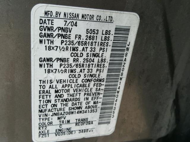 JN8AZ08W14W341353 - 2004 NISSAN MURANO SL TAN photo 10