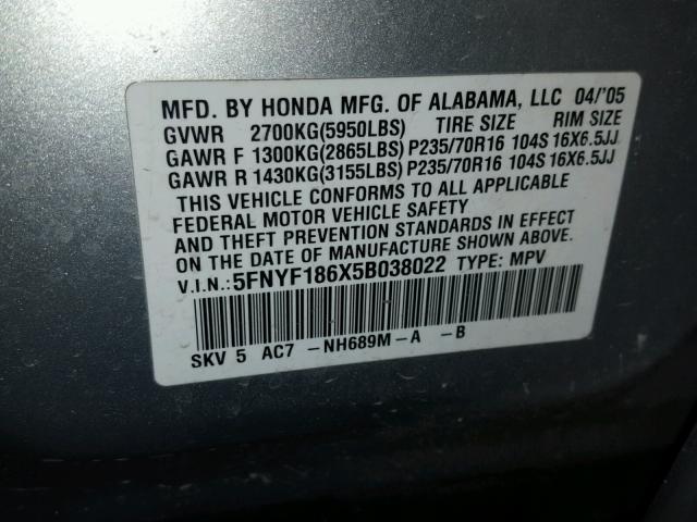 5FNYF186X5B038022 - 2005 HONDA PILOT EXL SILVER photo 10