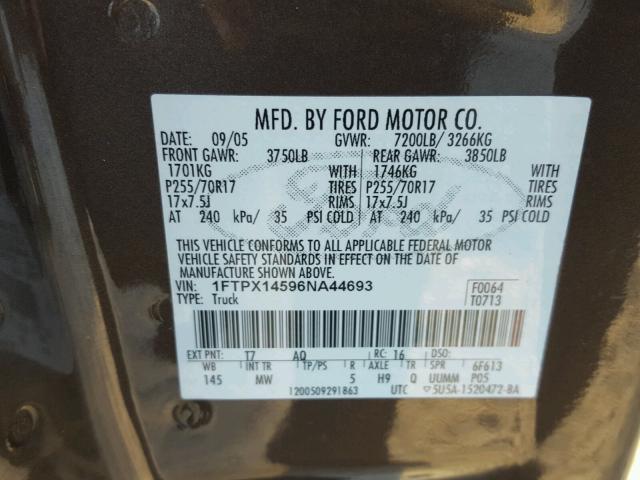 1FTPX14596NA44693 - 2006 FORD F150 BLACK photo 10