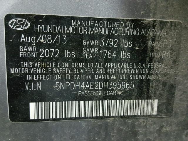 5NPDH4AE2DH395965 - 2013 HYUNDAI ELANTRA GL SILVER photo 10