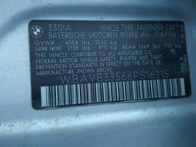 WBAVB33566PS16215 - 2006 BMW 330 I SILVER photo 10