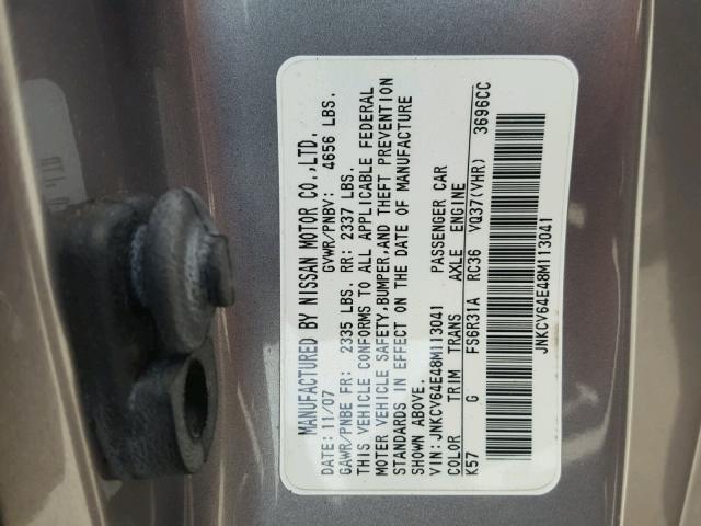 JNKCV64E48M113041 - 2008 INFINITI G37 BASE GRAY photo 10