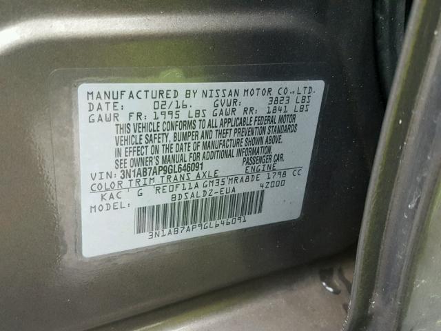 3N1AB7AP9GL646091 - 2016 NISSAN SENTRA S GRAY photo 10