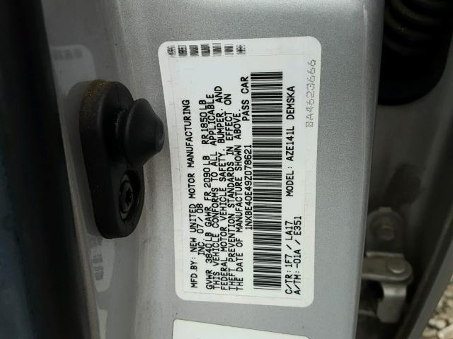 1NXBE40E49Z078621 - 2009 TOYOTA COROLLA XR SILVER photo 10