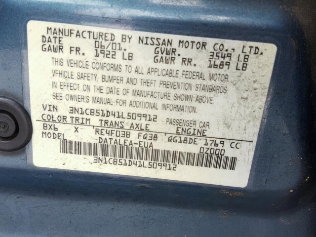 3N1CB51D41L509912 - 2001 NISSAN SENTRA XE BLUE photo 10