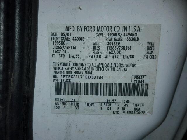 1FTSX31L71ED33184 - 2001 FORD F350 SRW S WHITE photo 10