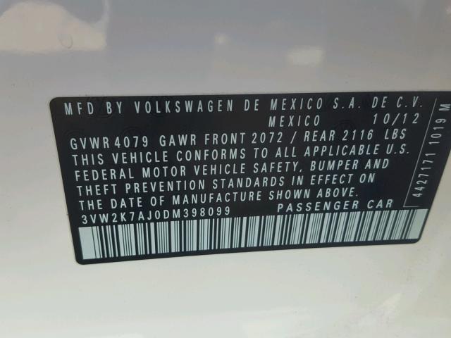 3VW2K7AJ0DM398099 - 2013 VOLKSWAGEN JETTA BASE WHITE photo 10