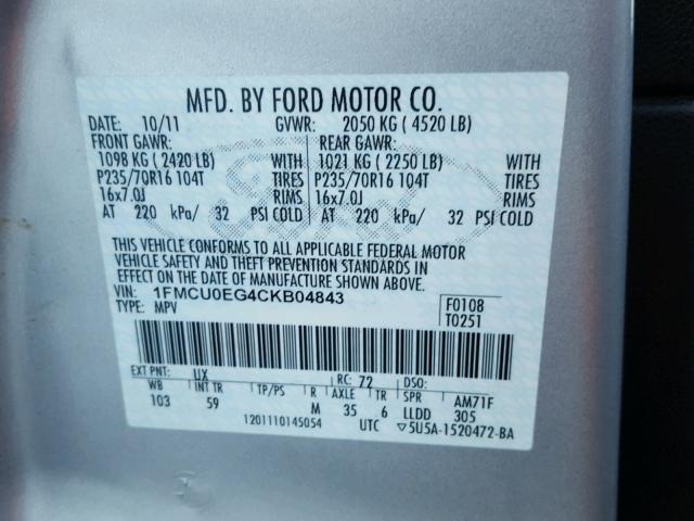 1FMCU0EG4CKB04843 - 2012 FORD ESCAPE LIM SILVER photo 10