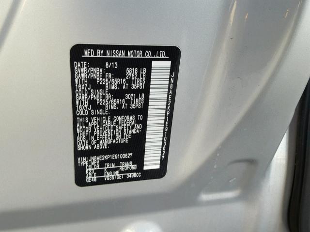 JN8AE2KP1E9100627 - 2014 NISSAN QUEST S SILVER photo 10