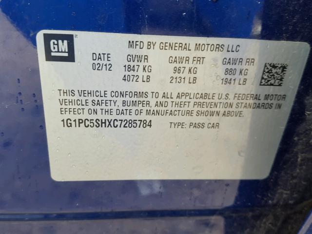 1G1PC5SHXC7285784 - 2012 CHEVROLET CRUZE LS BLUE photo 10