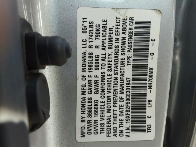 19XFB2F50CE301947 - 2012 HONDA CIVIC LX SILVER photo 10