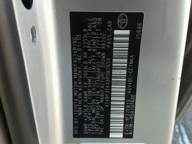 4T4BF3EKXBR087650 - 2011 TOYOTA CAMRY BASE SILVER photo 10