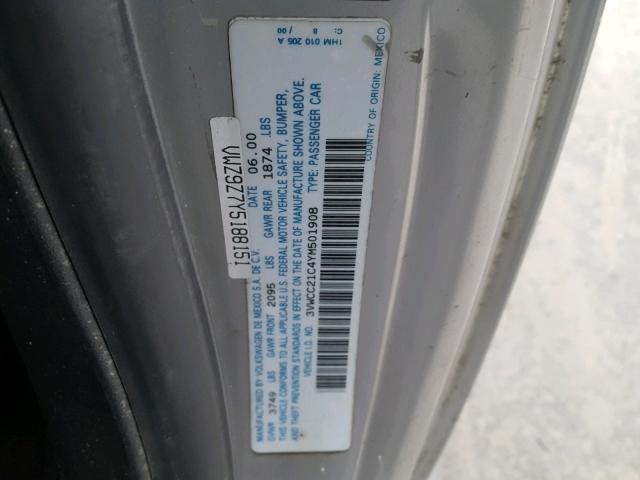 3VWCC21C4YM501908 - 2000 VOLKSWAGEN NEW BEETLE 银色 照片 10