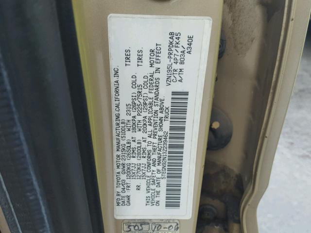 5TEGN92N13Z239462 - 2003 TOYOTA TACOMA DOU BEIGE photo 10