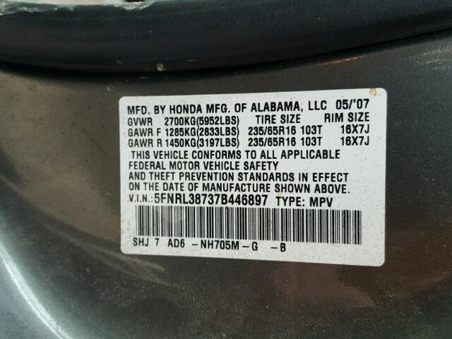 5FNRL38737B446897 - 2007 HONDA ODYSSEY EX BLUE photo 10