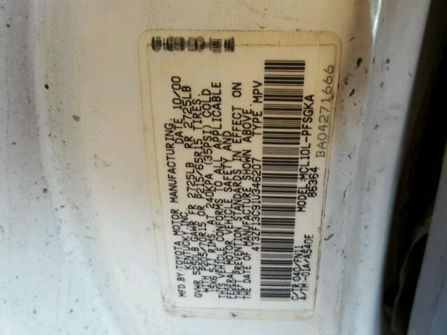 4T3ZF13C91U346207 - 2001 TOYOTA SIENNA LE WHITE photo 10