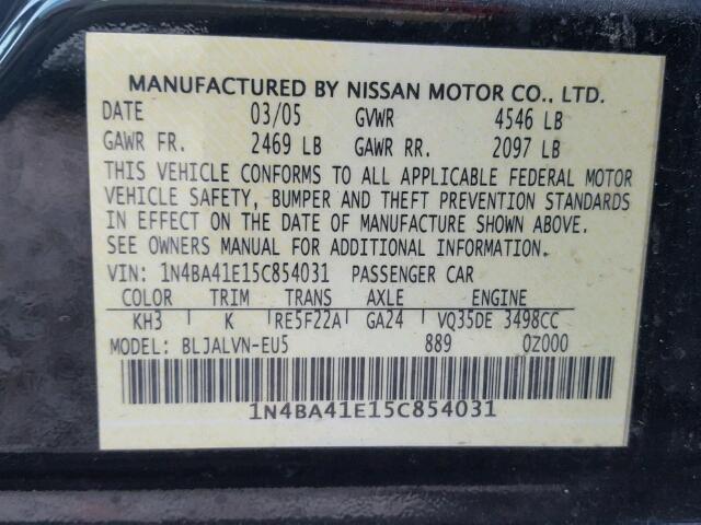 1N4BA41E15C854031 - 2005 NISSAN MAXIMA SE BLACK photo 10