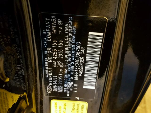 KMHHT6KD4CU067500 - 2012 HYUNDAI GENESIS CO BLACK photo 10