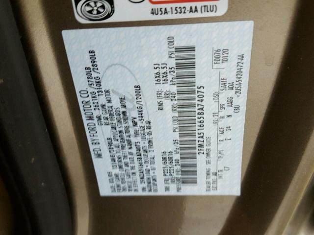 2FMZA51665BA74075 - 2005 FORD FREESTAR S GRAY photo 10