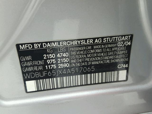 WDBUF65JX4A517065 - 2004 MERCEDES-BENZ E 320 SILVER photo 10