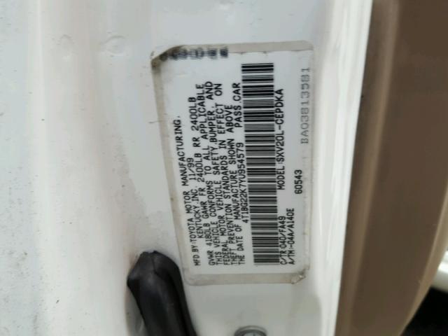 4T1BG22K7YU954579 - 2000 TOYOTA CAMRY CE WHITE photo 10