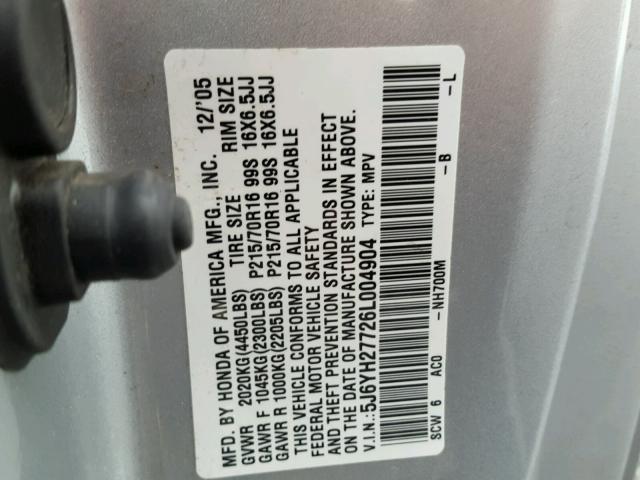 5J6YH27726L004904 - 2006 HONDA ELEMENT EX SILVER photo 10