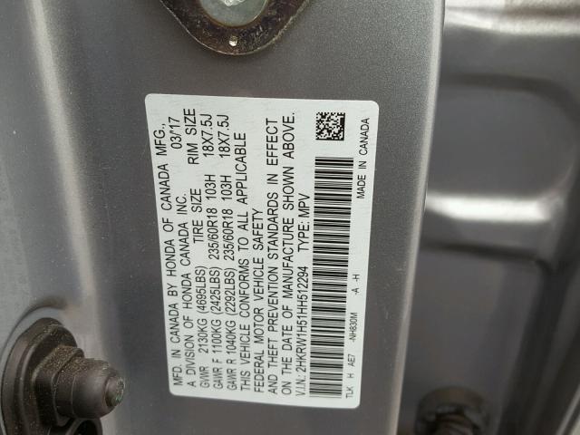 2HKRW1H51HH512294 - 2017 HONDA CR-V EX SILVER photo 10