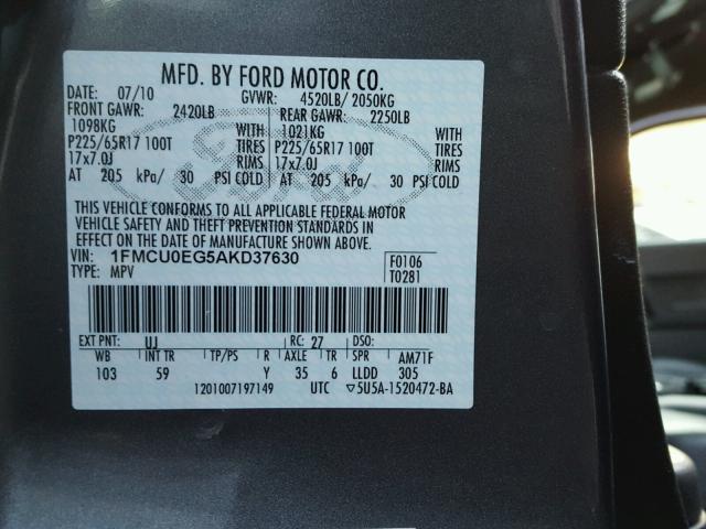 1FMCU0EG5AKD37630 - 2010 FORD ESCAPE LIM GRAY photo 10