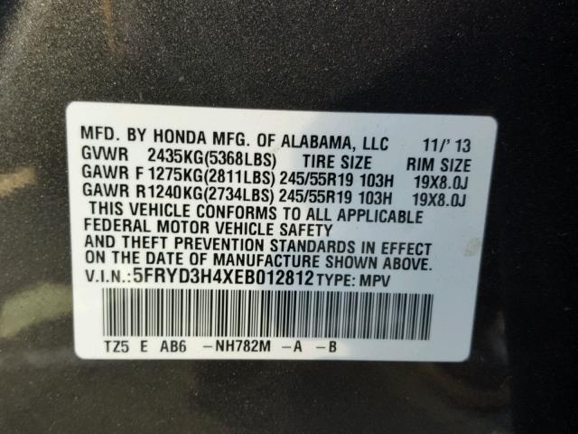 5FRYD3H4XEB012812 - 2014 ACURA MDX TECHNO CHARCOAL photo 10