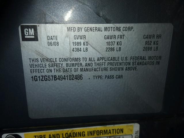 1G1ZG57B494102486 - 2009 CHEVROLET MALIBU LS გრაფიტი ფოტო 10