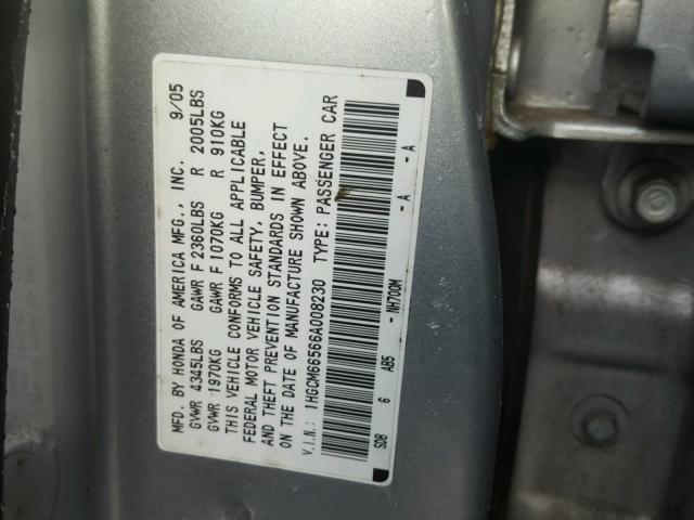 1HGCM66566A008230 - 2006 HONDA ACCORD EX GRAY photo 10