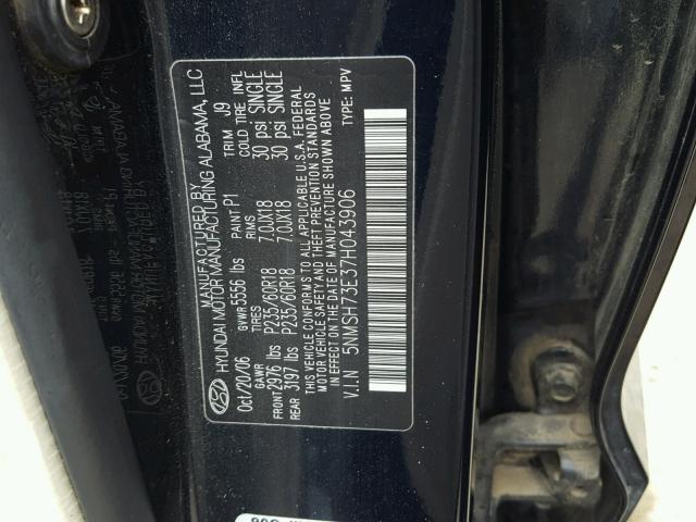 5NMSH73E37H043906 - 2007 HYUNDAI SANTA FE S BLUE photo 10