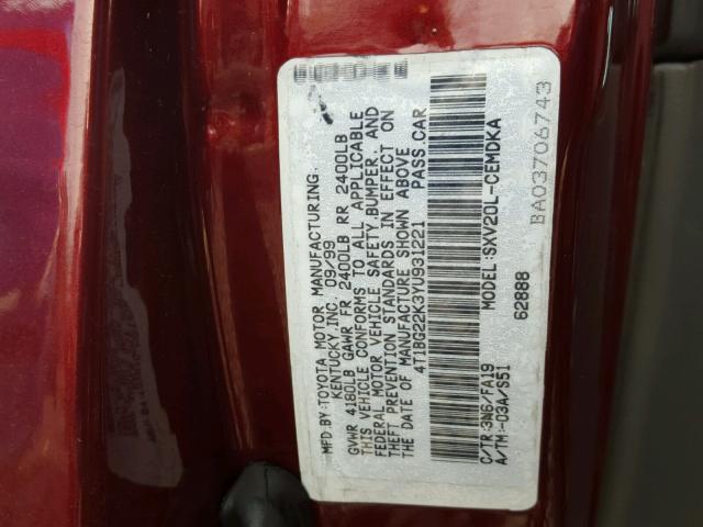 4T1BG22K3YU931221 - 2000 TOYOTA CAMRY CE RED photo 10