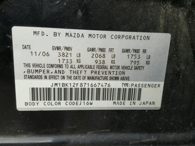 JM1BK12F871667476 - 2007 MAZDA 3 I BLACK photo 10