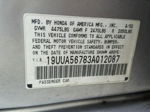 19UUA56783A012087 - 2003 ACURA 3.2TL SILVER photo 10